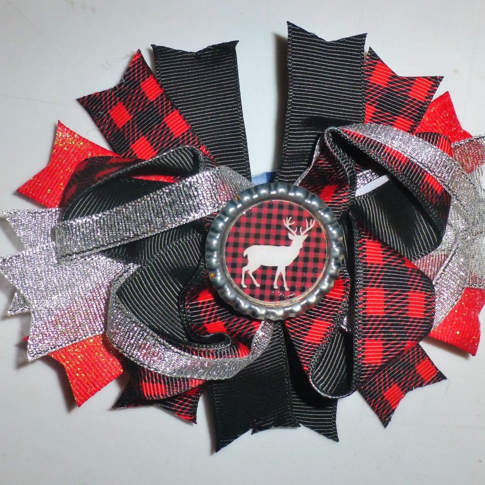 Christmas Reindeer Buffalo Plaid Girls 5-Inch Hair Bow Clip